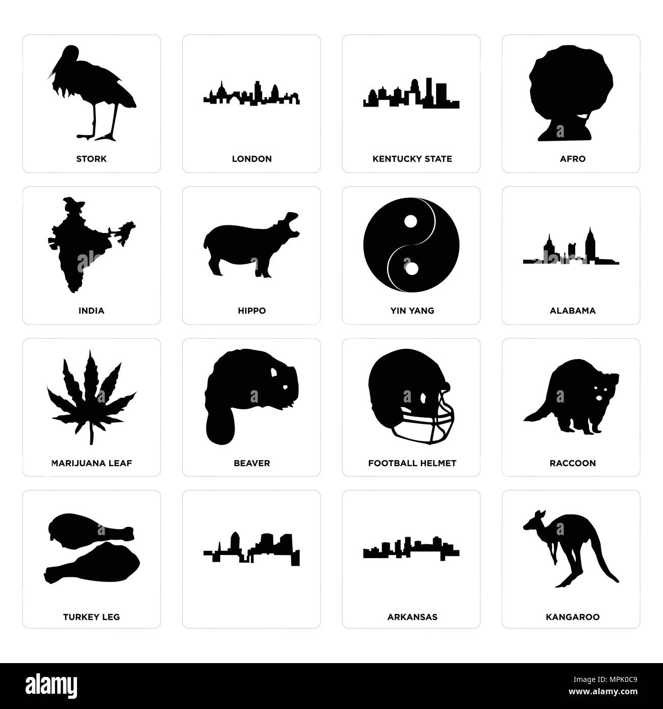 Set Of 16 simple editable icons such as kangaroo, arkansas, , turkey leg, raccoon, stork, india, marijuana leaf, yin yang can be used for mobile, web  Stock Vector