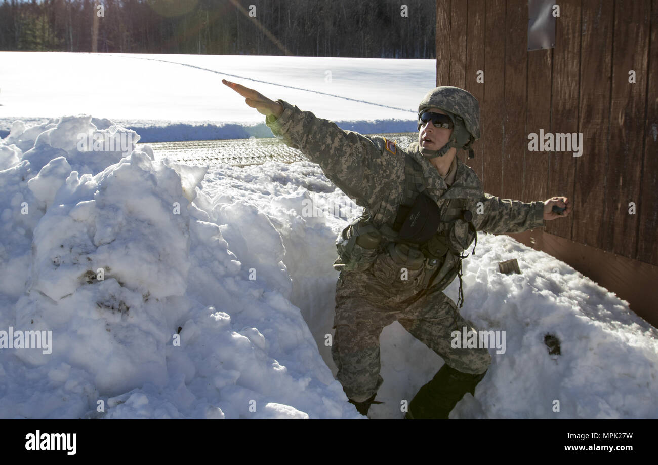 U.S. Army Pfc. Philip Plevel, gunner, Bravo Battery, 1st Battalion, 101st Field Artillery Regiment, Vermont National Guard, is tested on his knowledge of how to use a grenade during the Vermont Best Warrior Competition at Camp Ethan Allen Training Site, Jericho, Vt., March 18, 2017.  Vermont soldiers compete in a variety of Soldier tasks in order to move onto the regional competition in April.  (U.S. Army National Guard Photo by 1st Lt. Benjamin Haulenbeek) Stock Photo