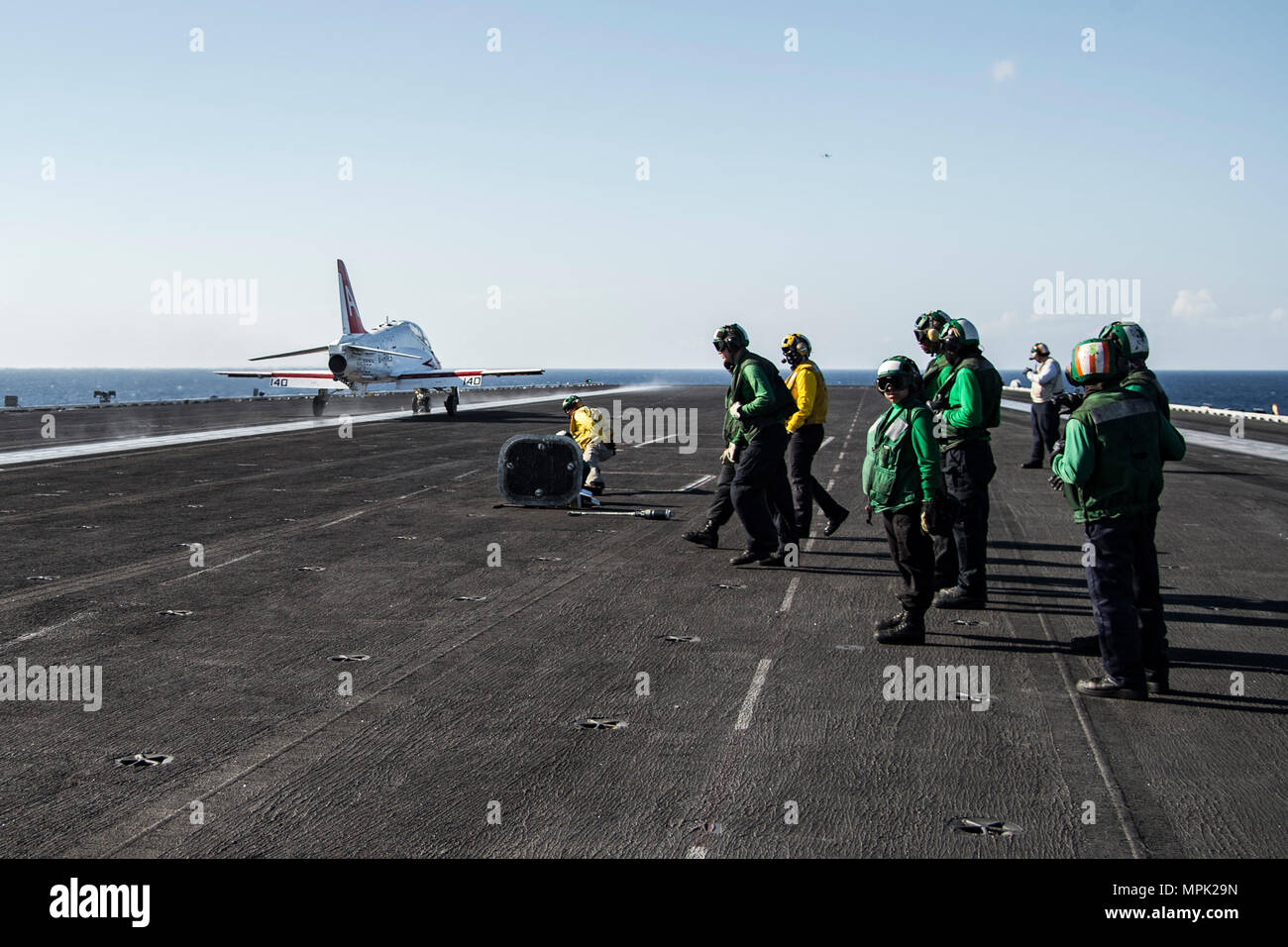 170209-N-OS569-738    ATLANTIC OCEAN (Feb. 9, 2017) Capt. Paul C. Spedero Jr., commanding officer of the aircraft carrier USS Dwight D. Eisenhower (CVN 69) (Ike), pilots a T-45C Goshawk assigned to Carrier Training Wing (CTW) 1 as it launches from the flight deck. Ike is currently conducting aircraft carrier qualifications during the sustainment phase of the Optimized Fleet Response Plan (OFRP). (U.S. Navy photo by Mass Communication Specialist Seaman Apprentice Zach Sleeper) Stock Photo