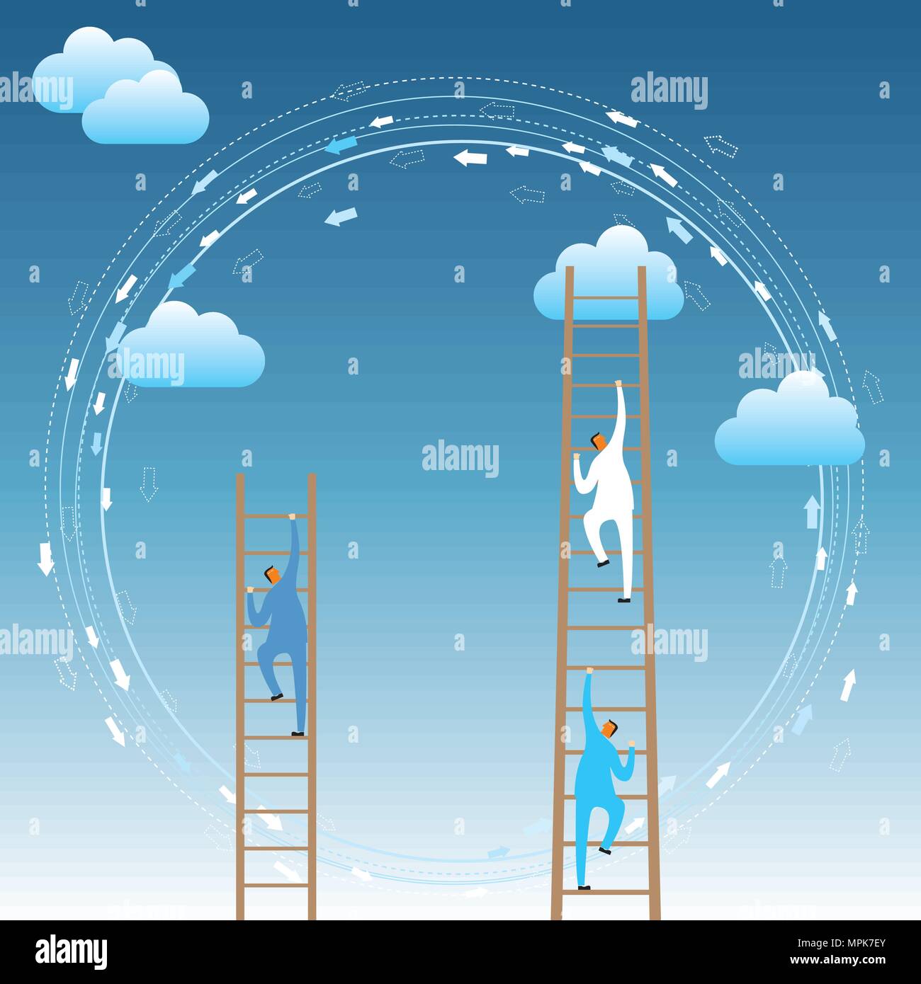 Cloud computing concept design. Two businessmen climb the clouds from