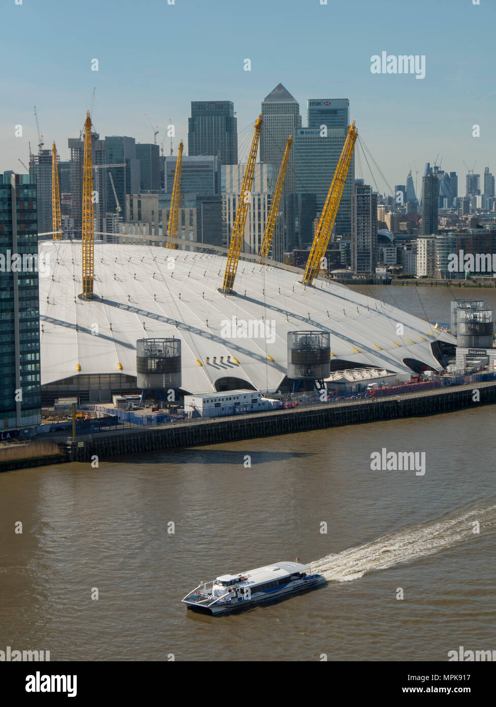 UK, England, London, O2 Arena Greenwich with Canary Wharf aerial Stock Photo