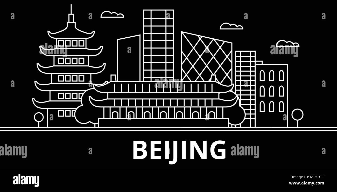 Beijing silhouette skyline. China - Beijing vector city, chinese linear architecture, buildings. Beijing travel illustration, outline landmarks. China flat icon, chinese line banner Stock Vector