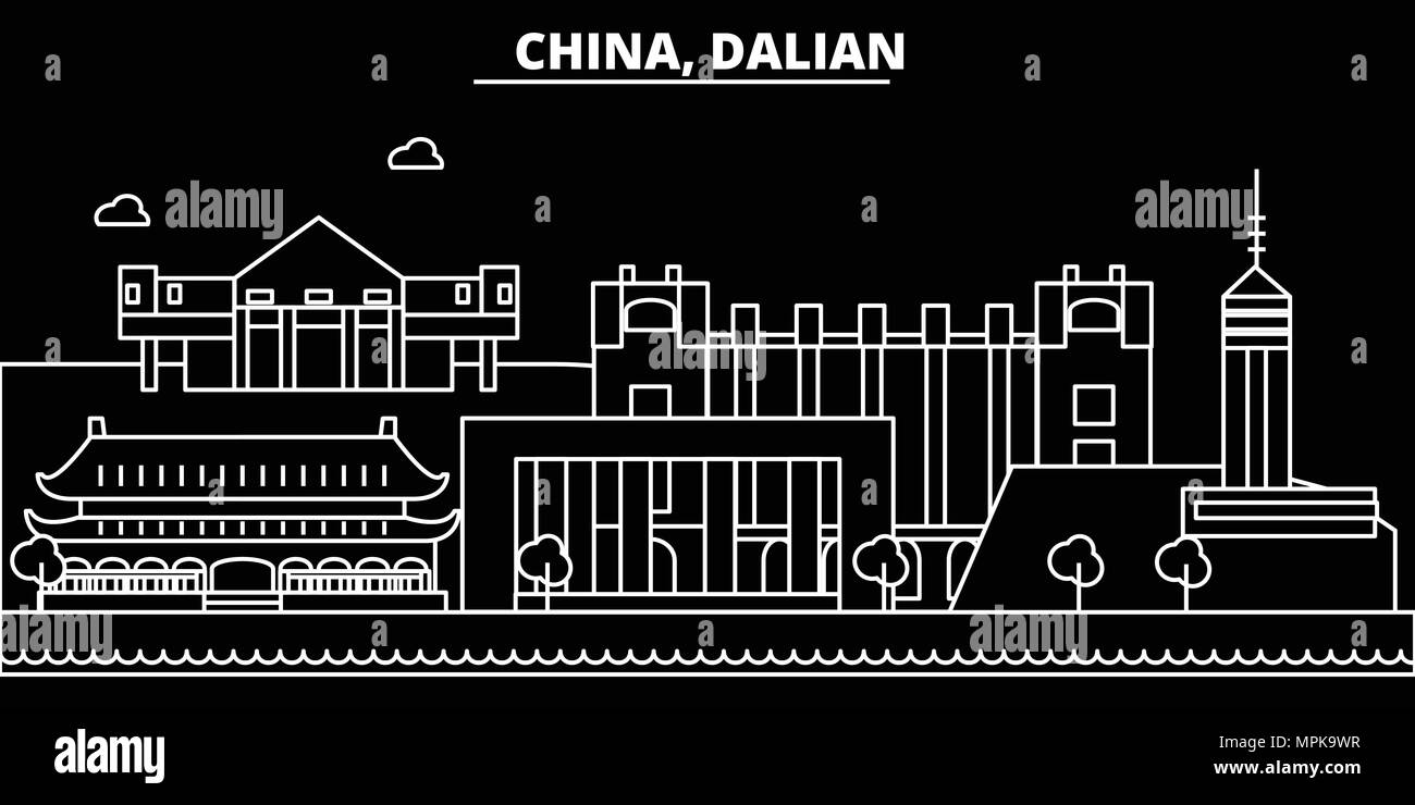 Dalian silhouette skyline. China - Dalian vector city, chinese linear architecture, buildings. Dalian travel illustration, outline landmarks. China flat icon, chinese line banner Stock Vector