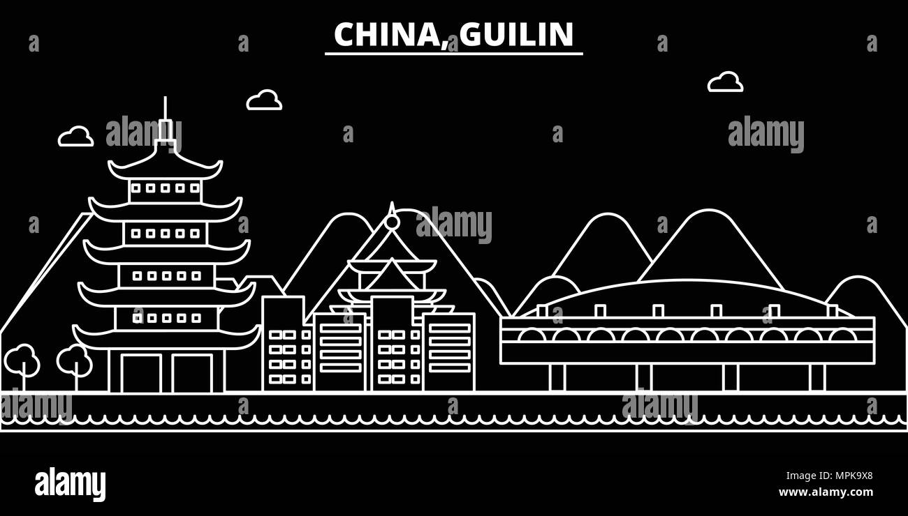 Guilin silhouette skyline. China - Guilin vector city, chinese linear architecture, buildings. Guilin travel illustration, outline landmarks. China flat icon, chinese line banner Stock Vector