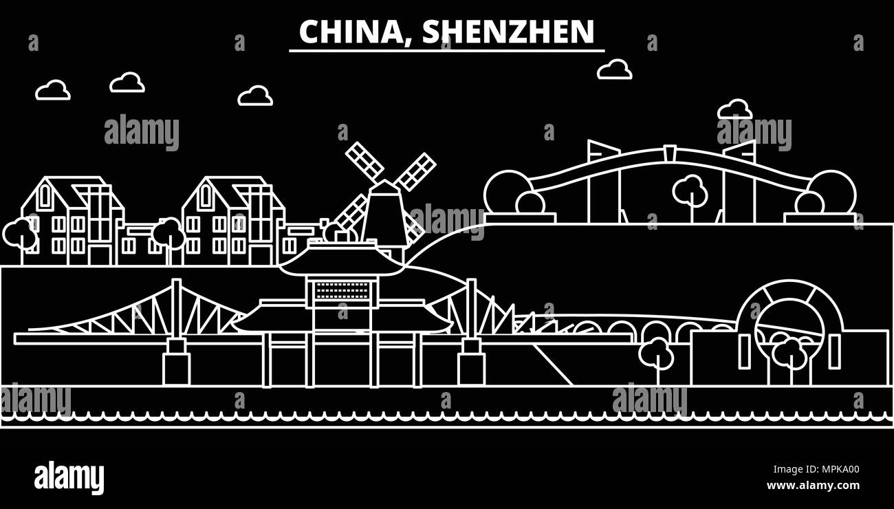 Shenzhen silhouette skyline. China - Shenzhen vector city, chinese linear architecture, buildings. Shenzhen travel illustration, outline landmarks. China flat icon, chinese line banner Stock Vector