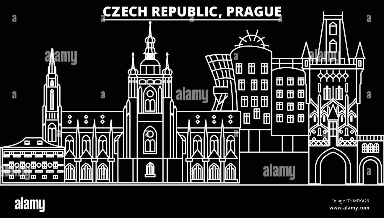 Prague silhouette skyline. Czech Republic - Prague vector city, czech linear architecture, buildings. Prague travel illustration, outline landmarks. Czech Republic flat icon, czech line banner Stock Vector