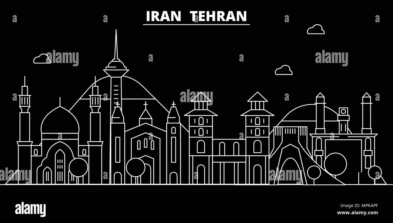 Tehran silhouette skyline. Iran - Tehran vector city, iranian linear architecture, buildings. Tehran travel illustration, outline landmarks. Iran flat icon, iranian line banner Stock Vector