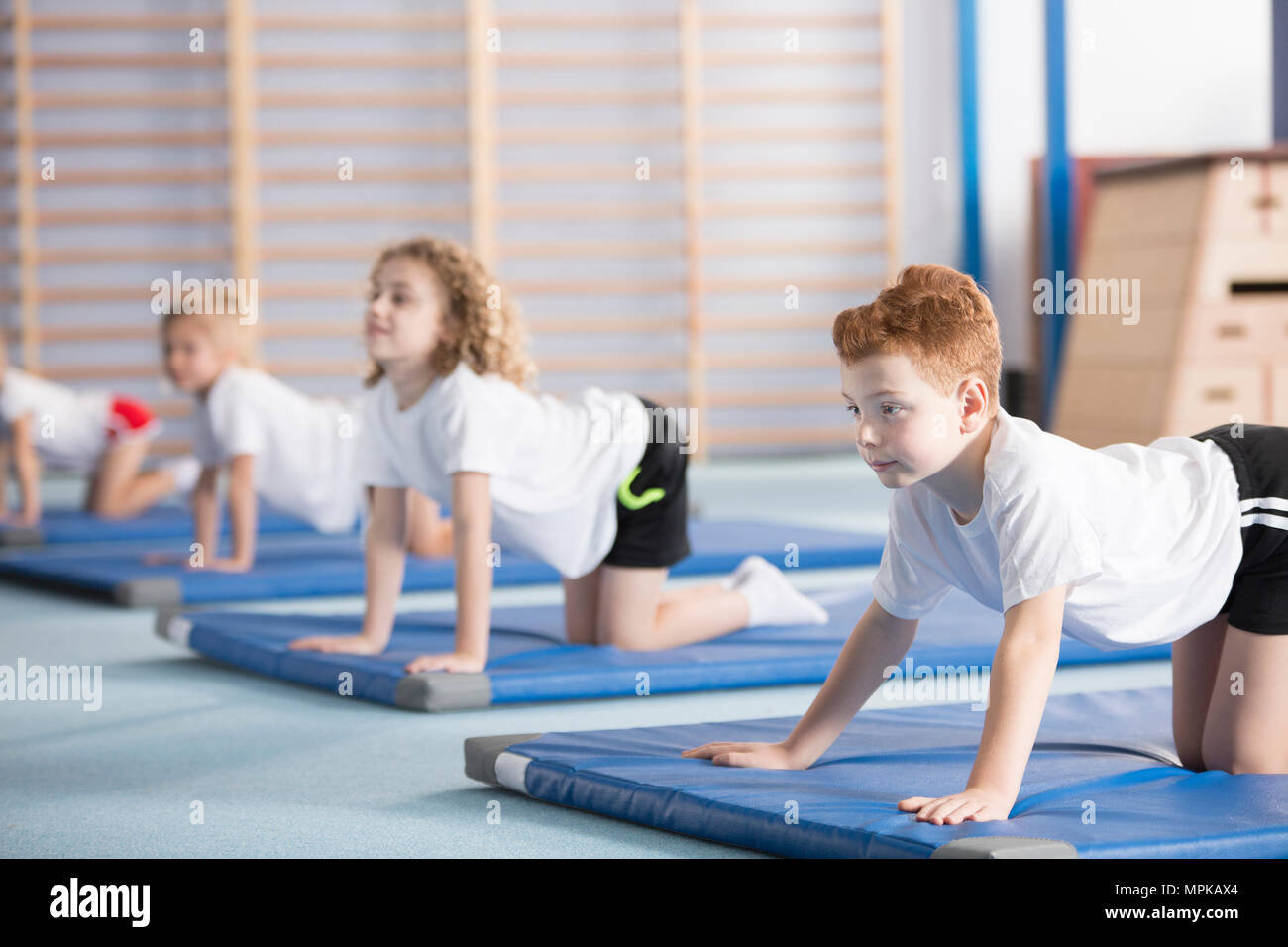 Young boy and his classmates on a gym mat focused on learning a cow yoga pose with arched back which helps with postural defects prevention Stock Photo