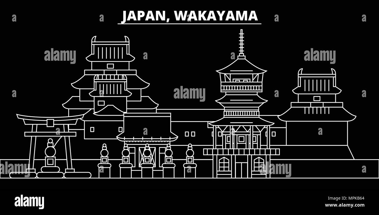 Wakayama silhouette skyline. Japan - Wakayama vector city, japanese linear architecture, buildings. Wakayama line travel illustration, landmarks. Japa Stock Vector