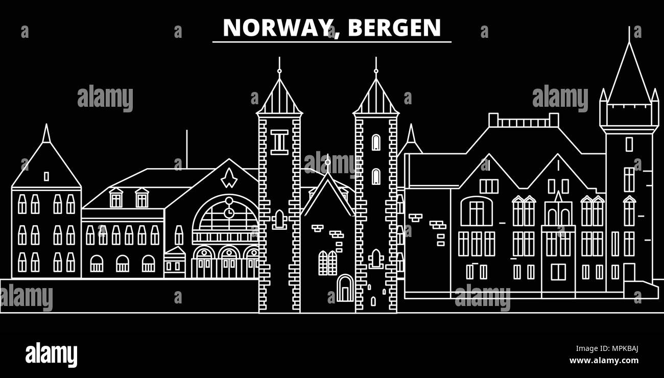 Bergen silhouette skyline. Norway - Bergen vector city, norwegian linear architecture, buildings. Bergen travel illustration, outline landmarks. Norway flat icon, norwegian line banner Stock Vector