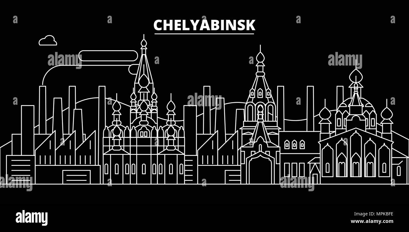 Chelyabinsk silhouette skyline. Russia - Chelyabinsk vector city, russian linear architecture, buildings. Chelyabinsk travel illustration, outline landmarks. Russia flat icon, russian line banner Stock Vector