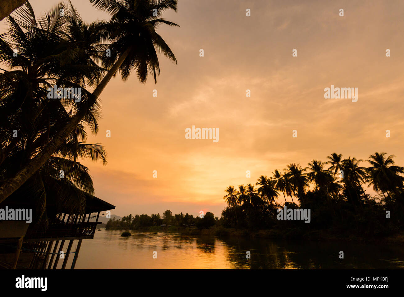 Don Khone islands in south Laos. Landscape of nature taken on four thousands islands on Mekhong river in south east asia during summer sunset. Stock Photo