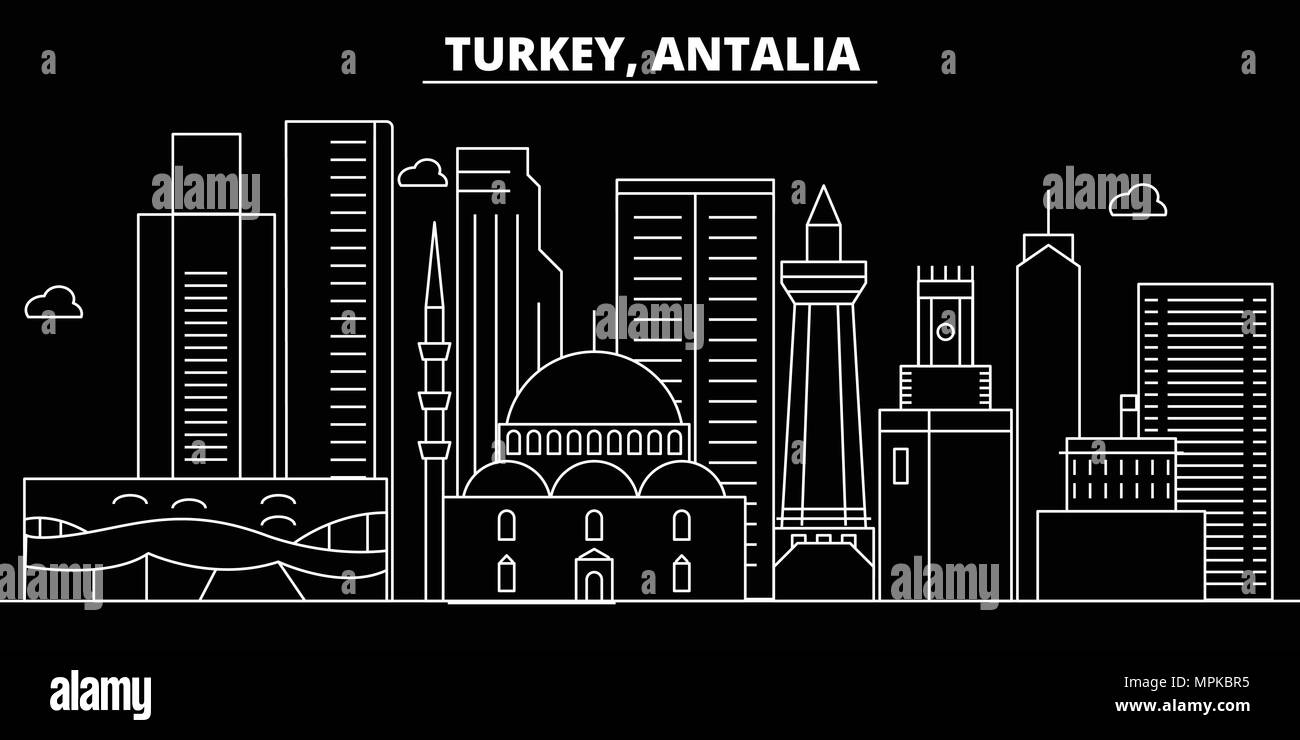Antalia silhouette skyline. Turkey - Antalia vector city, turkish linear architecture, buildings. Antalia travel illustration, outline landmarks. Turkey flat icon, turkish line banner Stock Vector