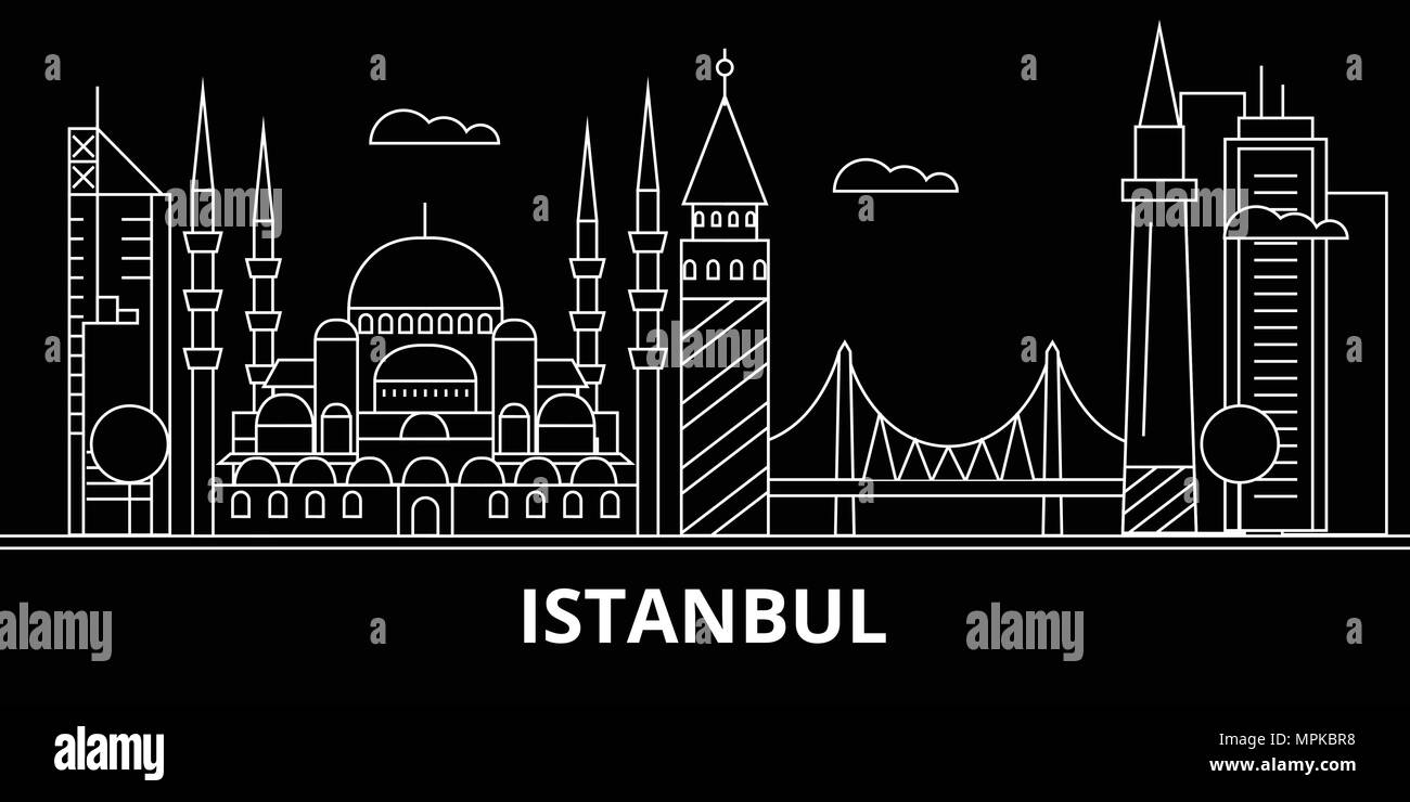 Istanbul silhouette skyline. Turkey - Istanbul vector city, turkish linear architecture, buildings. Istanbul travel illustration, outline landmarks. Turkey flat icon, turkish line banner Stock Vector