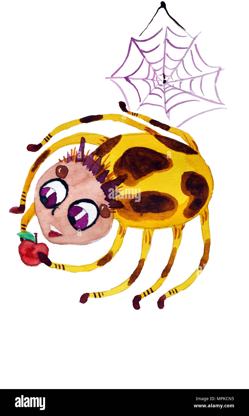 Cartoon spider watercolor illustration. isolated on white background. Stock Photo
