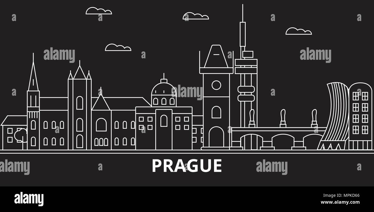 Prague city silhouette skyline. Czech Republic - Prague city vector city, czech linear architecture. Prague city travel illustration, outline landmarks. Czech Republic flat icon, czech line banner Stock Vector