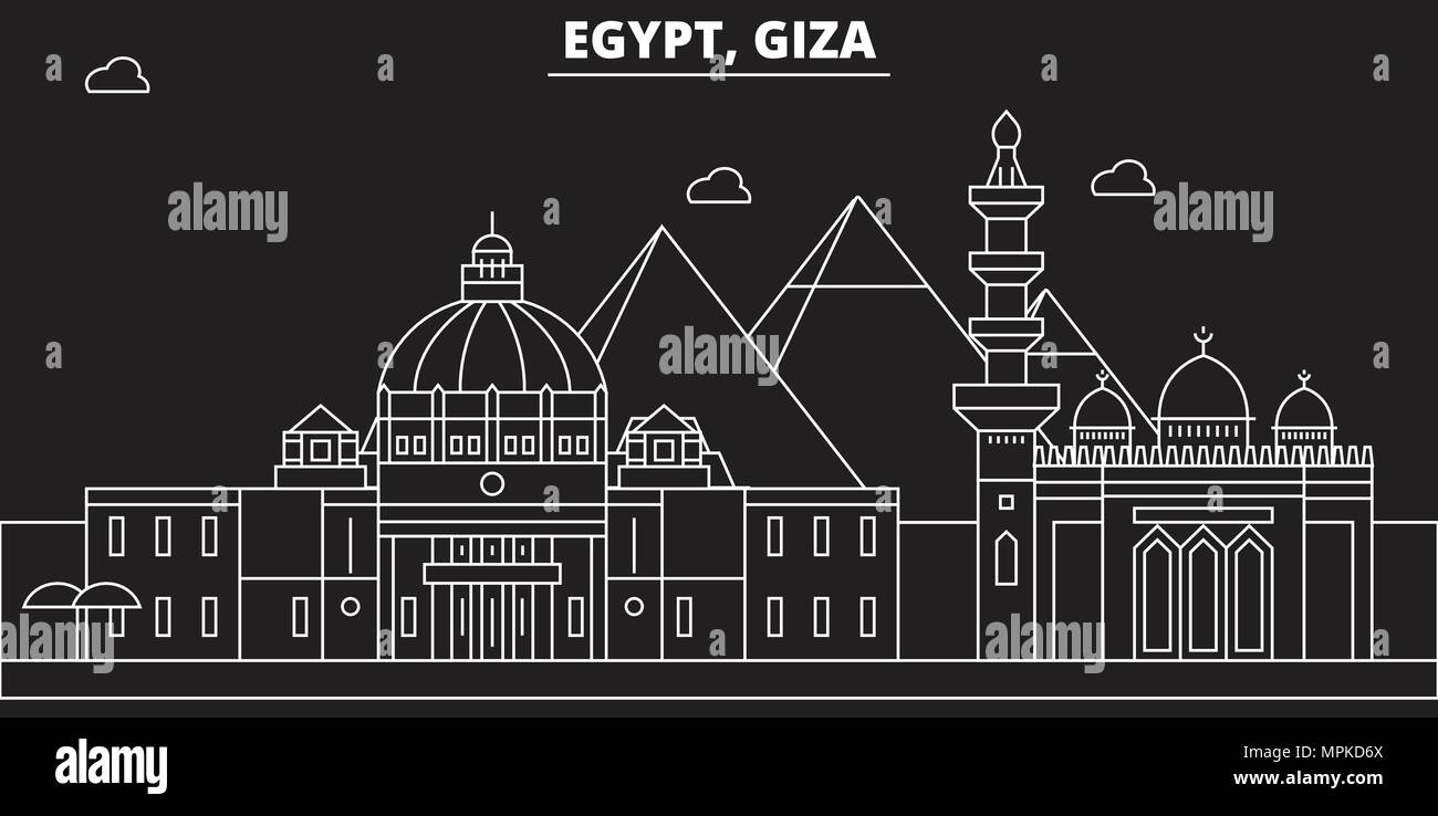 Giza silhouette skyline. Egypt - Giza vector city, egyptian linear architecture, buildings. Giza line travel illustration, landmarks. Egypt flat icon, egyptian outline design banner Stock Vector