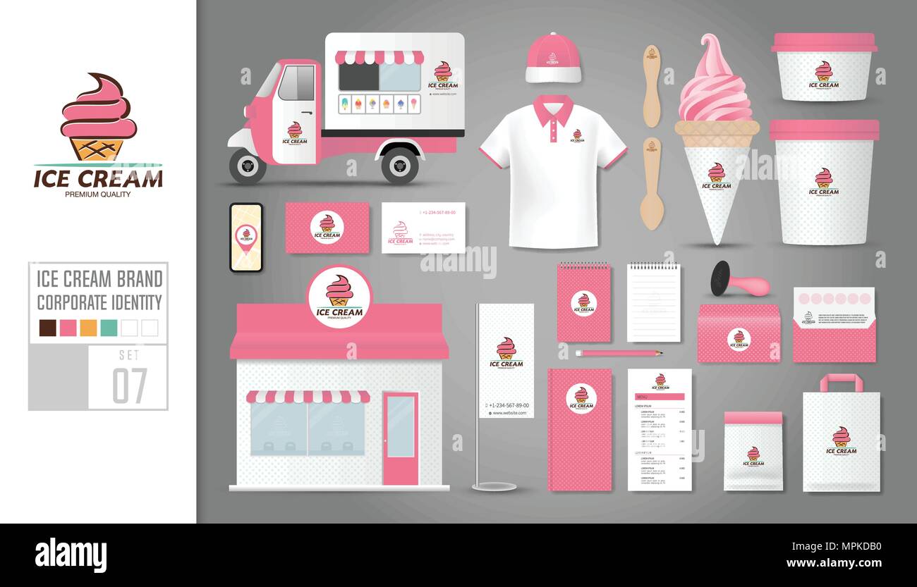 Download Corporate Identity Template Set 7 Logo Concept For Ice Cream Shop Cafe Restaurant Realistic Mock Up Template Set Of Shop Car Polo Shirt Cap Cu Stock Vector Image Art Alamy PSD Mockup Templates
