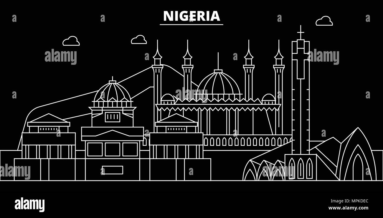 Nigeria silhouette skyline, vector city, nigerian linear architecture, buildings. Nigeria travel illustration, outline landmarks, flat icons, nigerian line banner Stock Vector