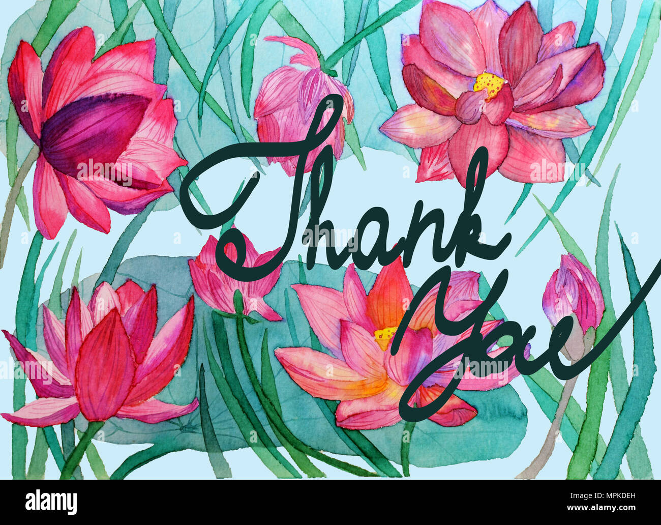 Greeting card with floral ornament and hand-written lettering Thank you ...