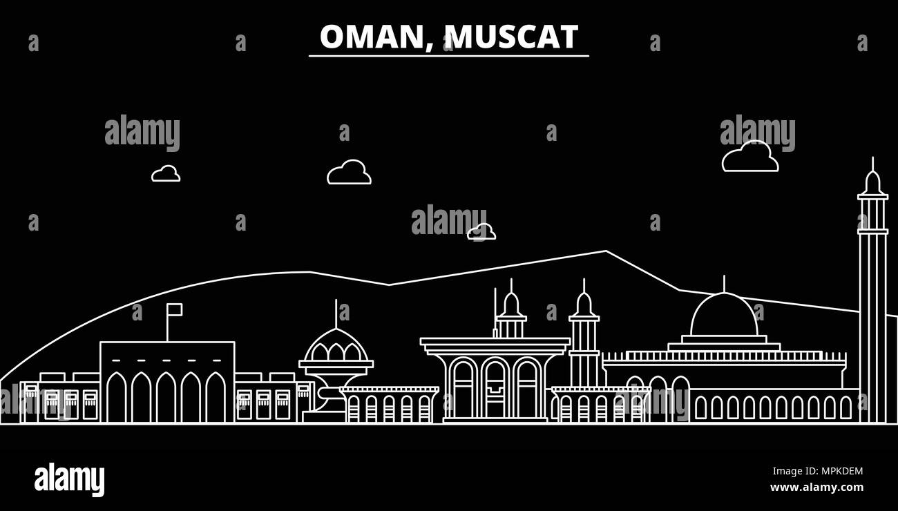 Muscat silhouette skyline. Oman - Muscat vector city, omani linear architecture, buildings. Muscat line travel illustration, landmarks. Oman flat icons, omani outline design banner Stock Vector