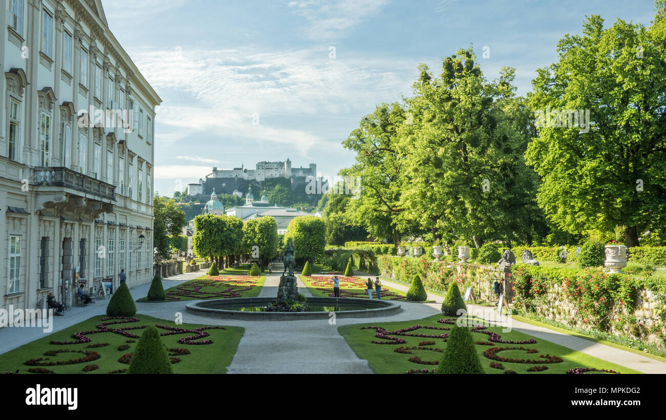 Mirabell Palace Gardens With The Medieval Fortress Of Hohensalzburg 