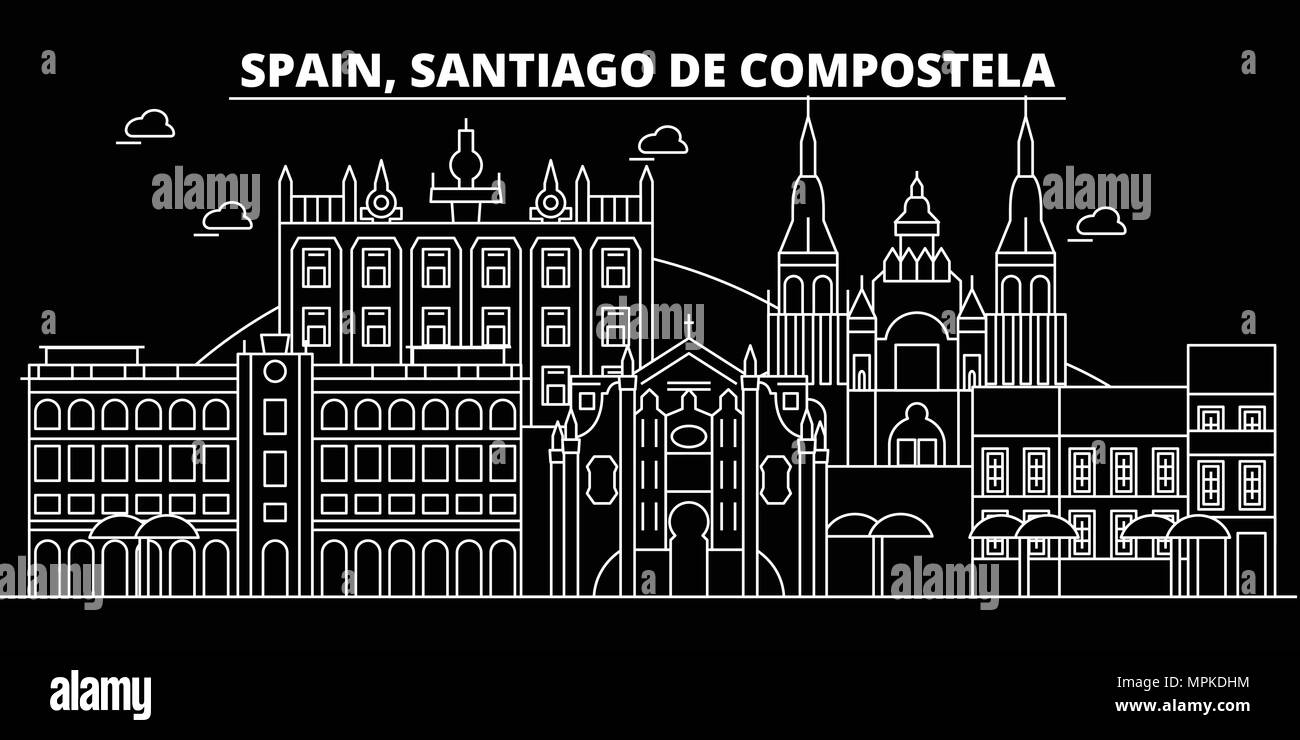 Santiago de Compostela silhouette skyline, vector city, spanish linear architecture. Santiago de Compostela travel illustration, outline landmarks, icons, spanish line banner Stock Vector