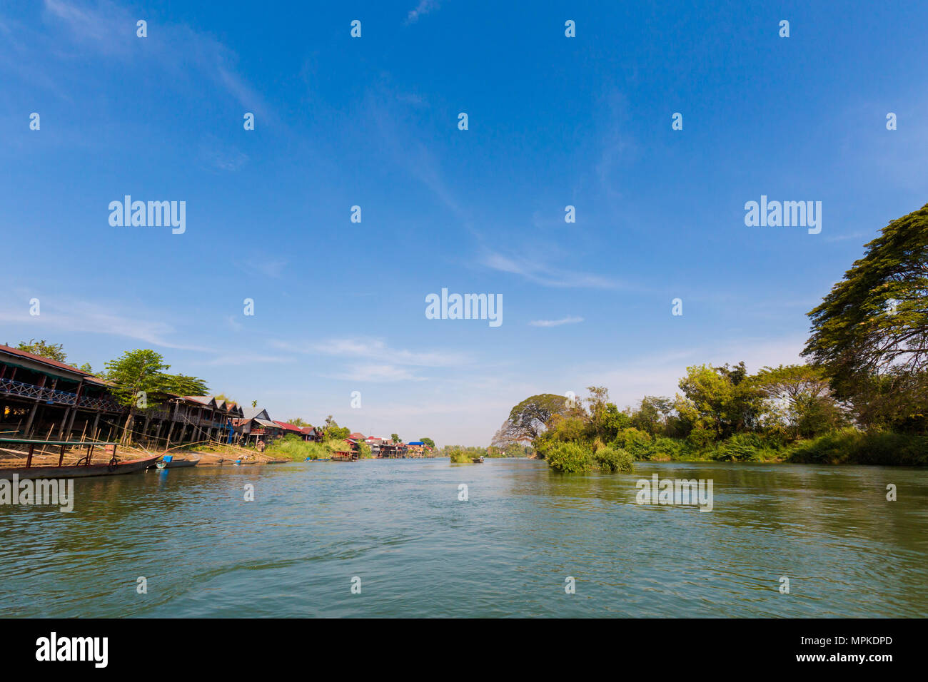 Don Det island taken from boat during trip on Mekhong in south Laos. Landscape of nature and village taken on four thousands islands Si Phan Don in so Stock Photo