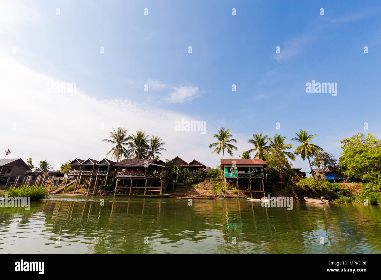Don Det island taken from boat during trip on Mekhong in south Laos. Landscape of nature and village taken on four thousands islands Si Phan Don in so Stock Photo
