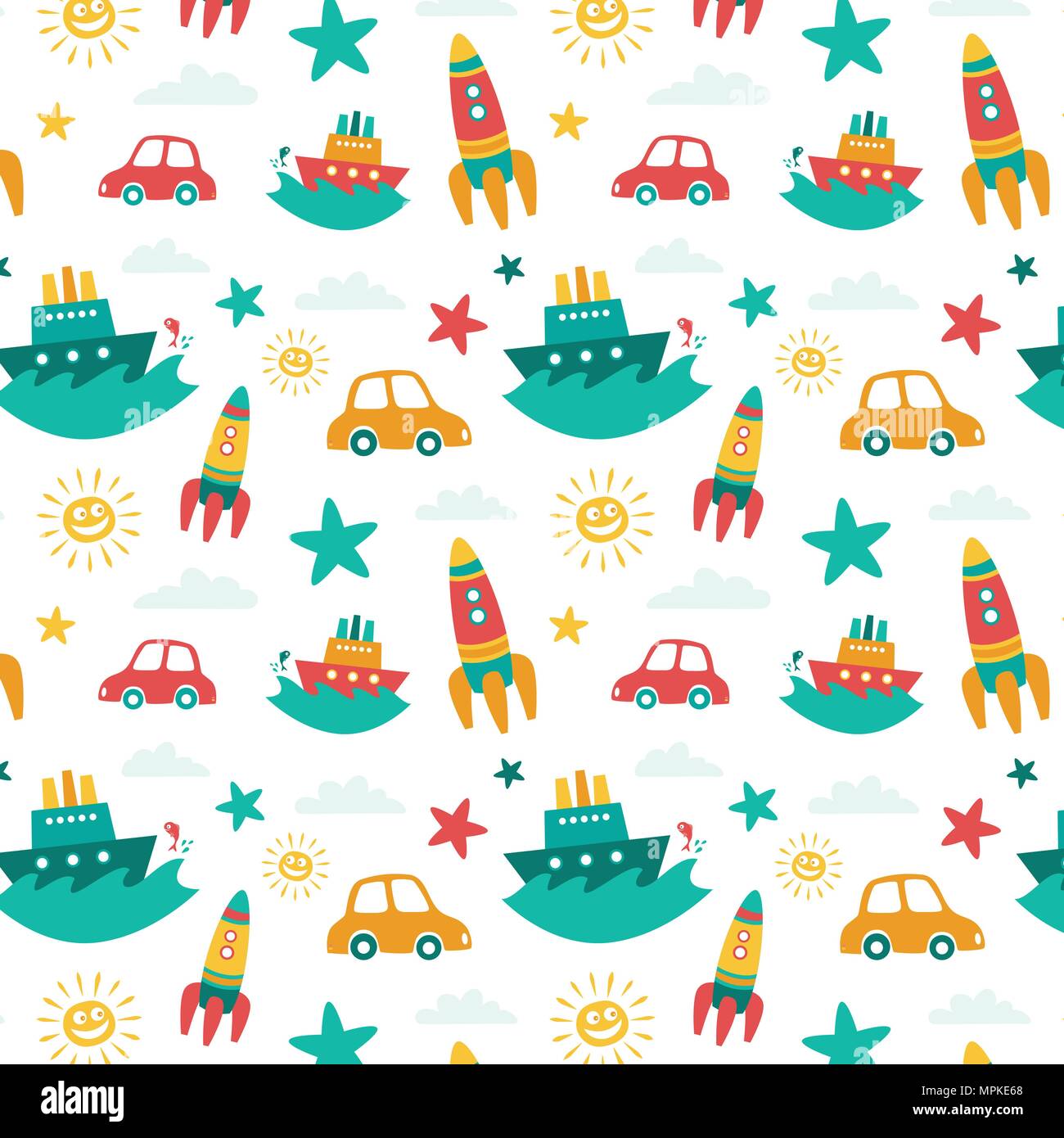Cute vehicles colorful vector pattern for kids, suitable for children room Stock Vector