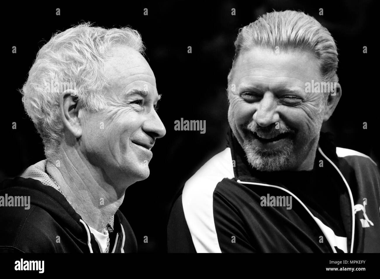 Boris Becker and John McEnroe share a joke during Day 4 of the 2015 Barclays ATP World Tour Finals - O2 Arena London England. 18 November 2015  --- Image by © Paul Cunningham Stock Photo