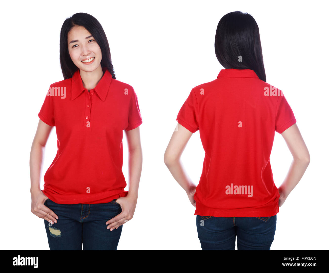 woman in red polo shirt isolated on a white background Stock Photo Alamy