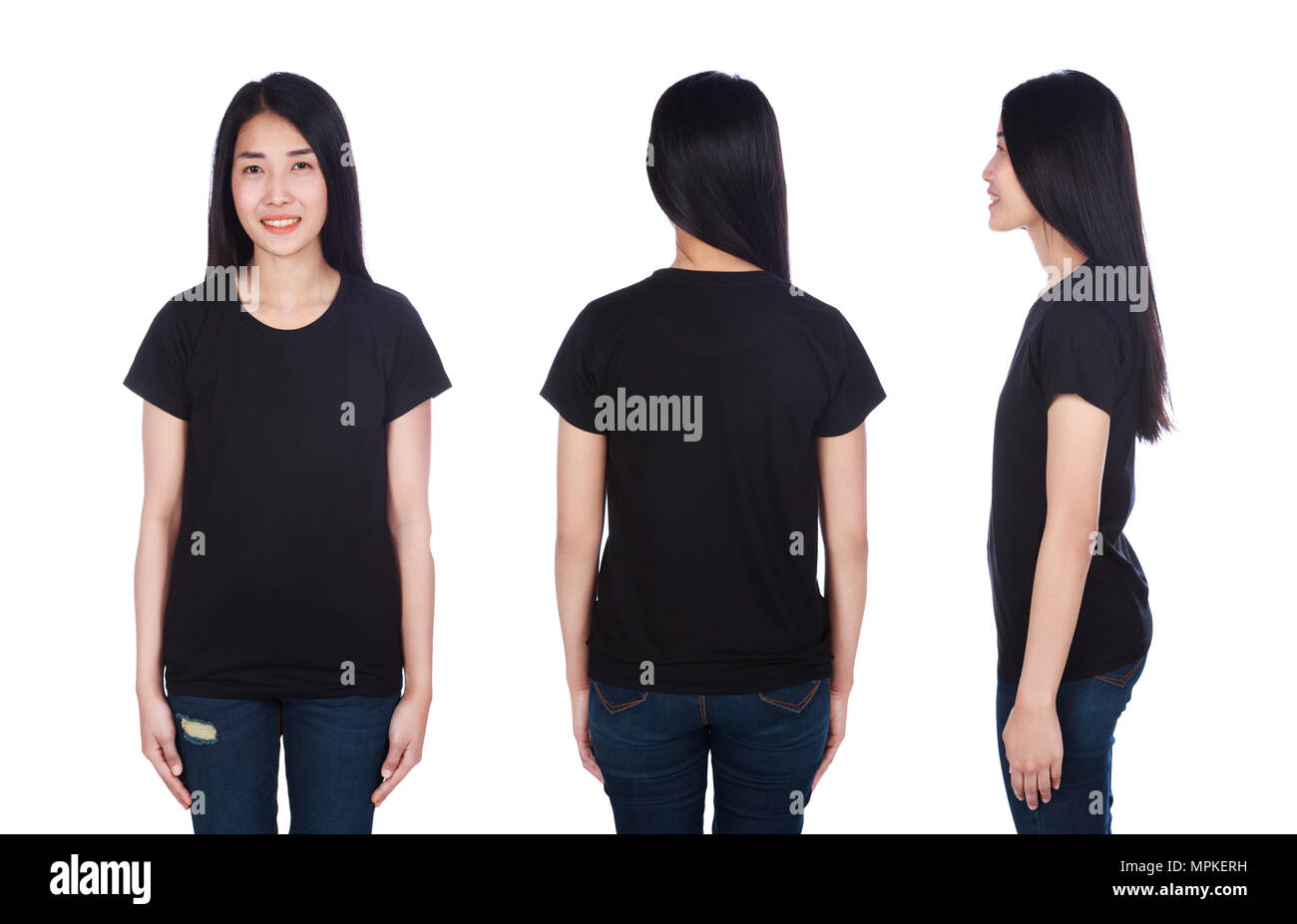 woman in black t-shirt isolated on a white background Stock Photo - Alamy