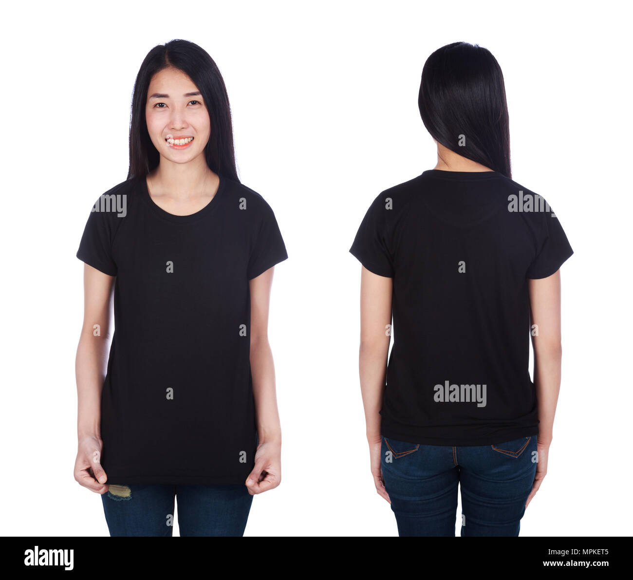 woman in black t-shirt isolated on a white background Stock Photo - Alamy