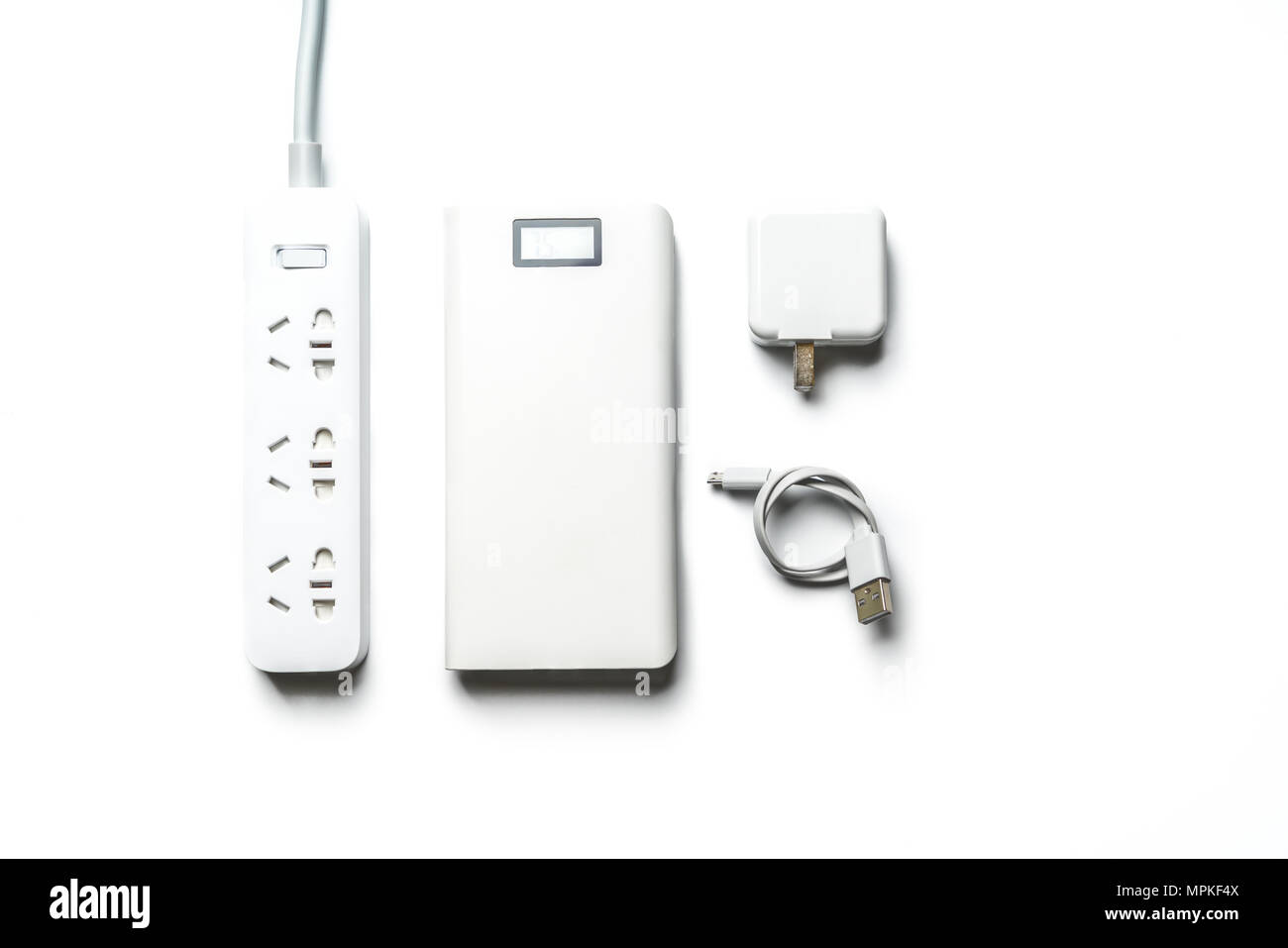 socket plug electric power bank and wire white color isolate. save