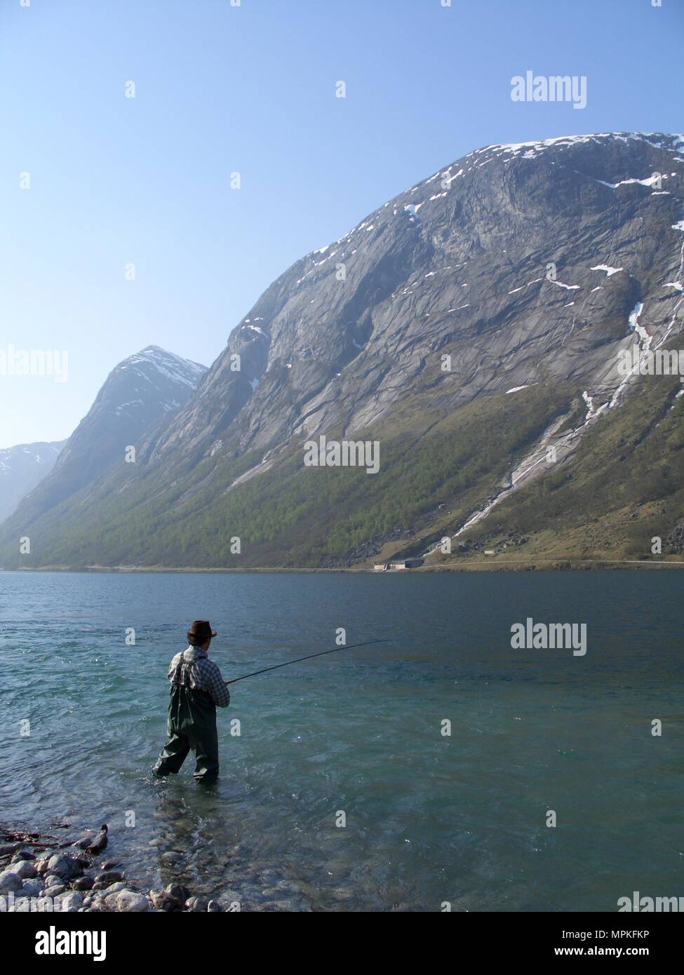 Fly fishing in Kjosnefjorden, Jolster, Sogn of Fjordane, Norway Stock Photo