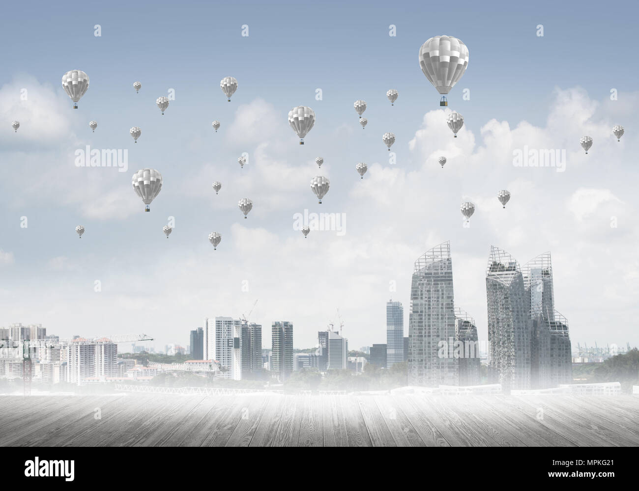 Concept of air pollution concept with aerostats flying above city Stock ...