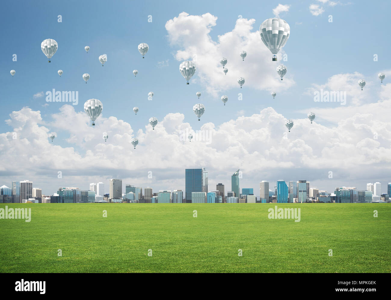 Concept of eco green life with aerostats flying above city Stock Photo ...