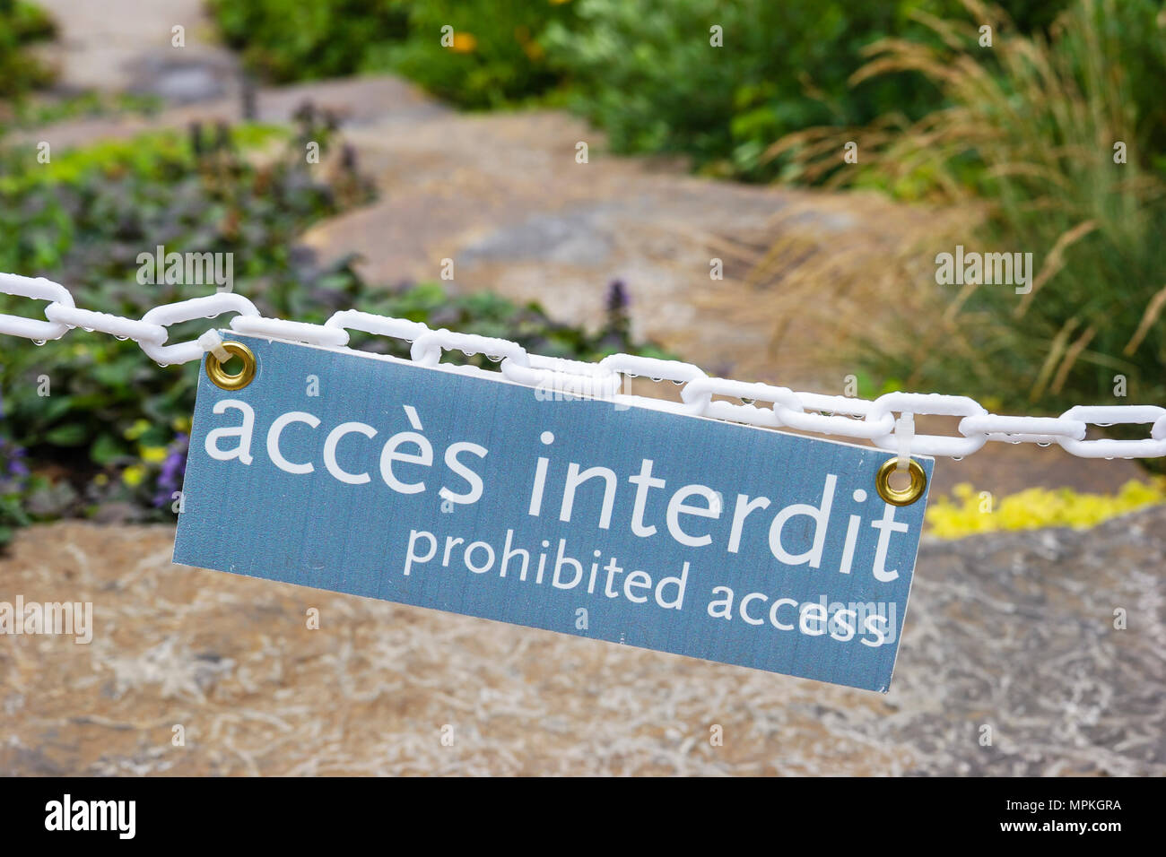 Montreal Canada,Quebec Province,International Flora Montreal Garden Festival,festivals fair,French English sign,prohibited access,Canada070705045 Stock Photo