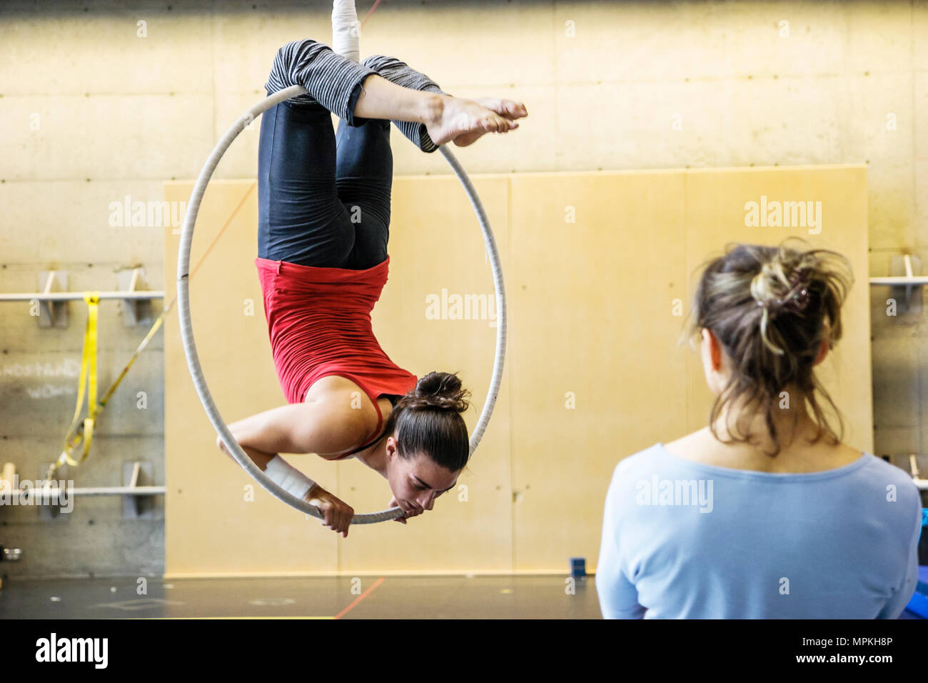 Montreal Canada,Quebec Province,National Circus School,campus,gymnastics,gymnast,practice,rehearsal,acrobatic skills,student students instructor,ring, Stock Photo