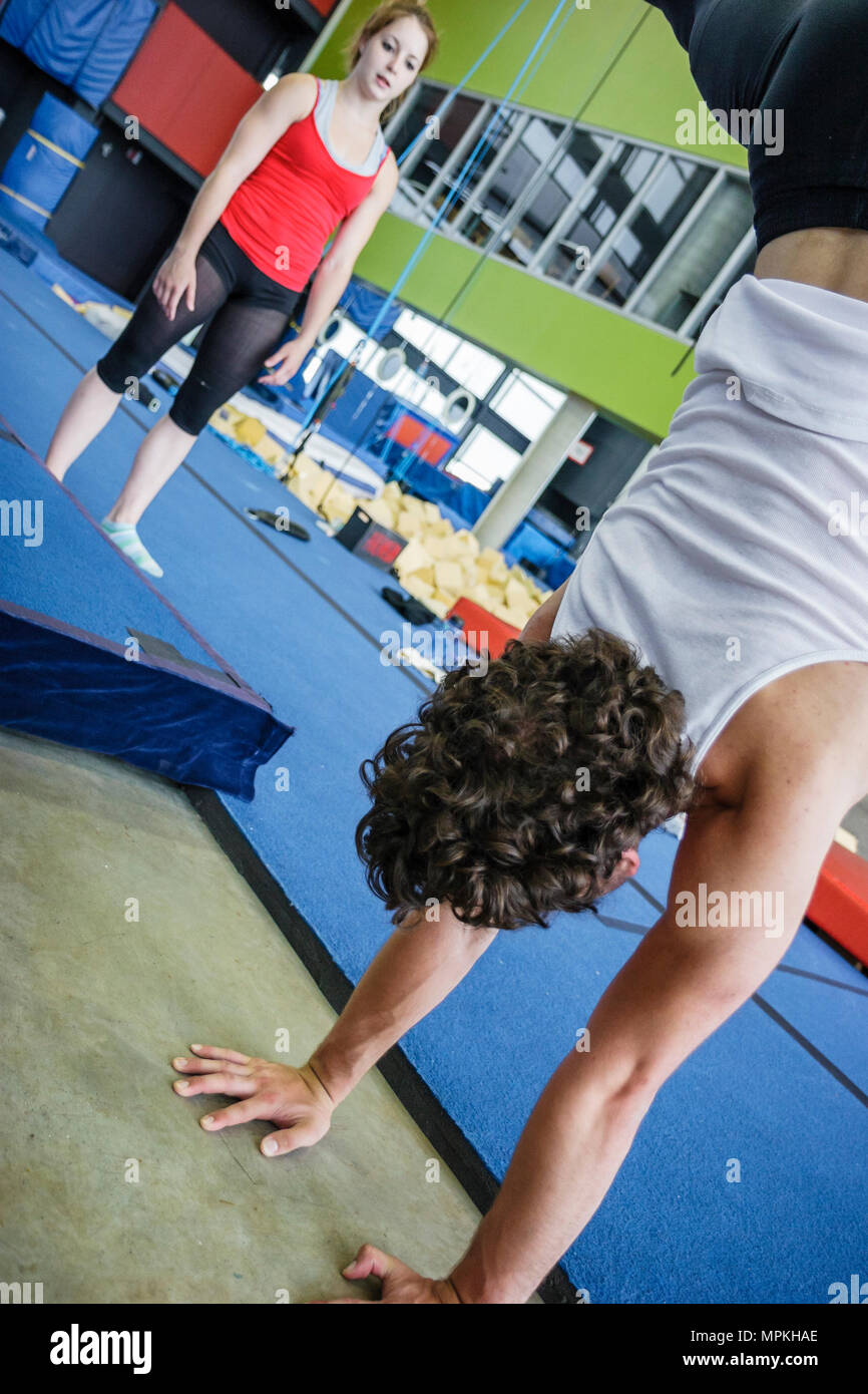 Montreal Canada,Quebec Province,National Circus School,campus,gymnastics,gymnast,practice,rehearsal,acrobatic skills,student students education pupil Stock Photo