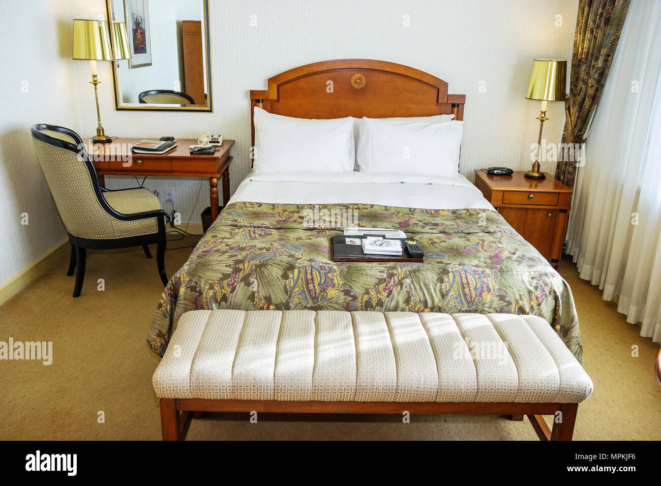 Montreal Canada,Quebec Province,Fairmont Queen Elizabeth,hotel,model guest room,bed,furniture,lodging,Canada070706125 Stock Photo