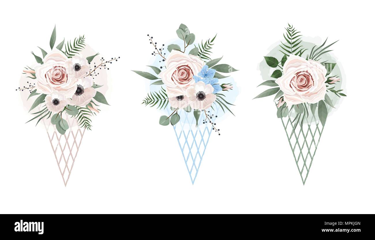 Beautiful flowers in a stylized ice cream. Background with beautiful flowers. Set of floral elements for your compositions. Stock Vector