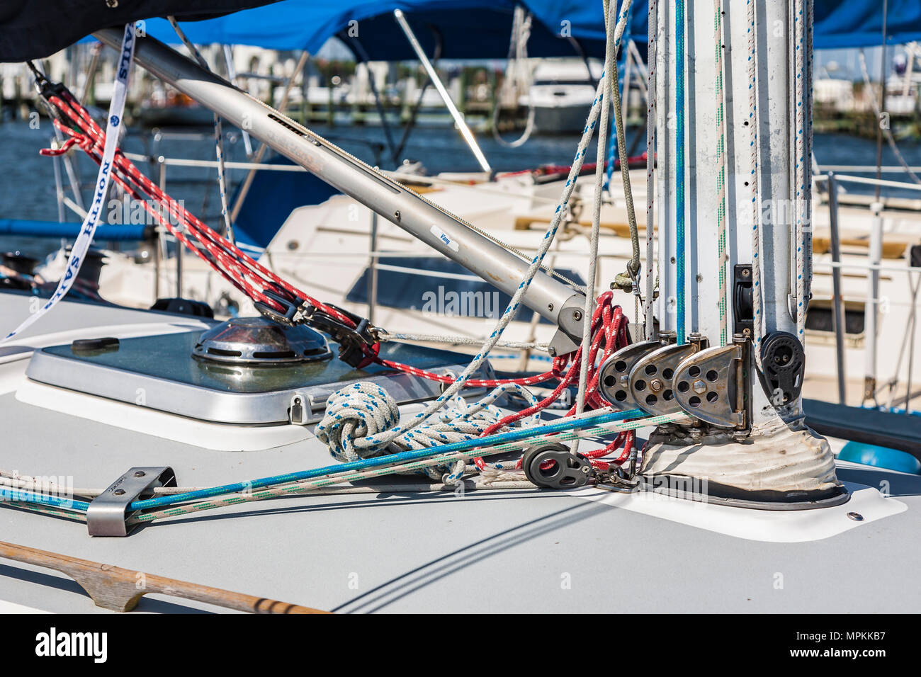 Sailboat rigging at base of mast Stock Photo Alamy