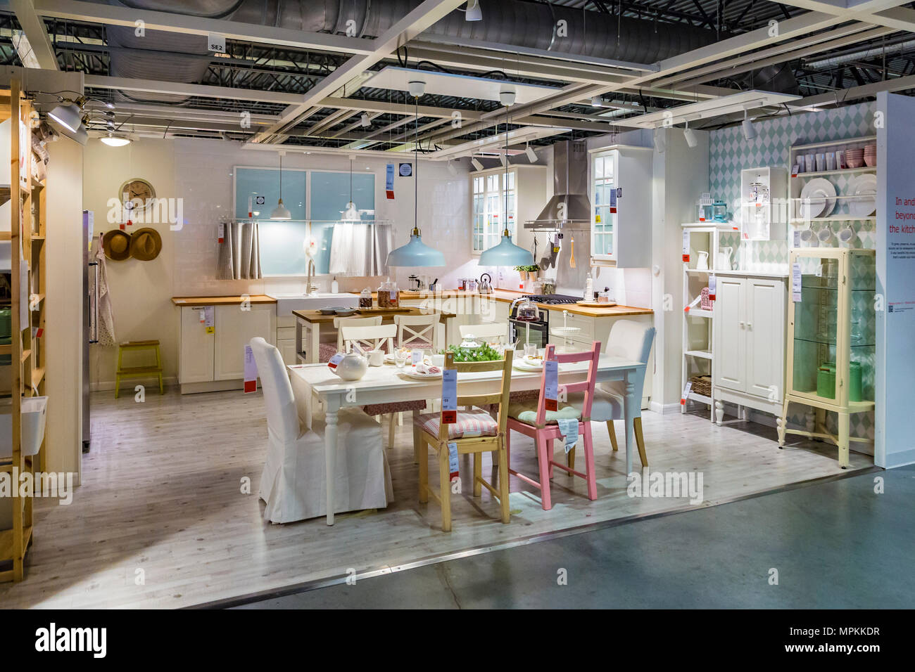 Sample kitchen design layout in showroom inside an Ikea store in the US Stock Photo