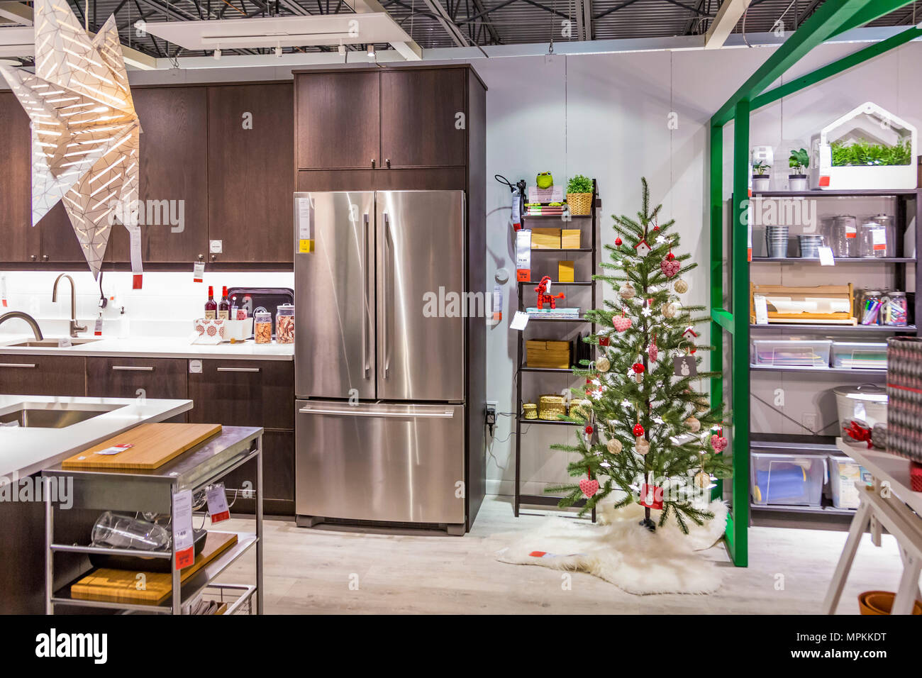 Sample kitchen design layout in showroom inside an Ikea store in the US Stock Photo
