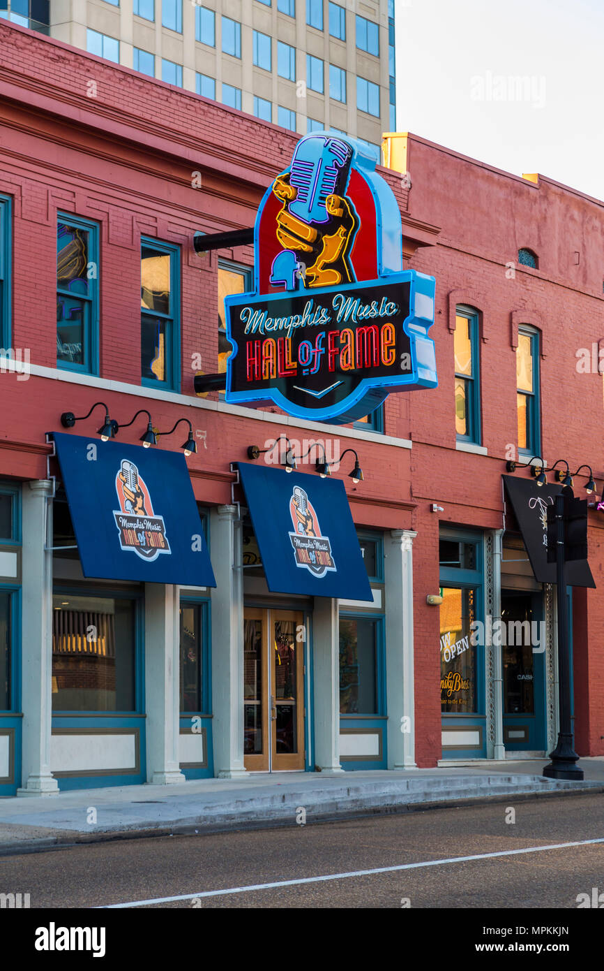 Neon sign over the Memphis Music Hall of Fame building on Beale Street in Memphis, Tennessee Stock Photo