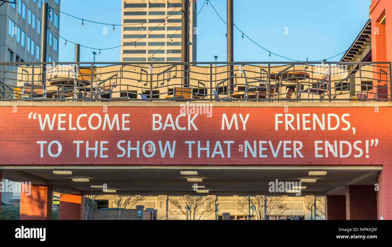 Lyrics of Emmerson, Lake and Palmer song on a building in downtown Memphis, Tennessee Stock Photo