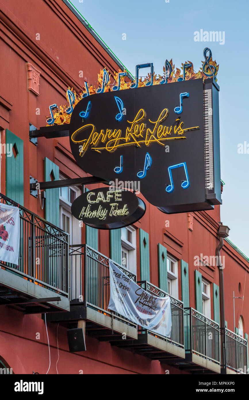 Neon sign above the Jerry Lee Lewis Cafe and Honky Tonk on Historic Beale Street, known as the Home of the Blues in Memphis, Tennessee, USA Stock Photo