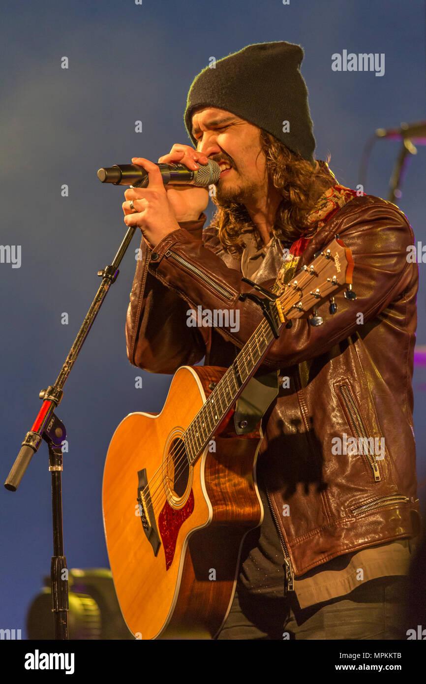 Christian singer Jordan Feliz on stage during Bid Daddy Weave concert at Jones Park in Gulfport, Mississippi Stock Photo